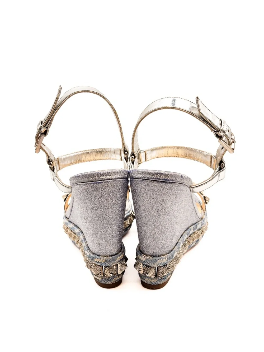 Christian Louboutin Silver Glitter Studded Espadrille Platform Sandals EU 37